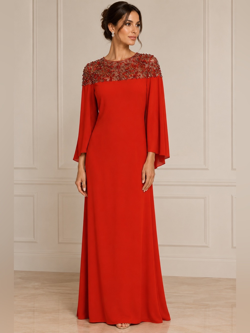 Oscar de la Renta Beaded Orange Long-Sleeve Kaftan Gown
